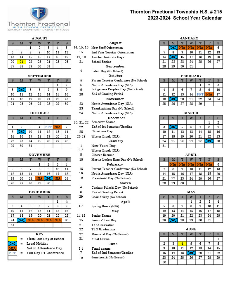 School Calendar - About Us - Thornton Fractional High School District #215